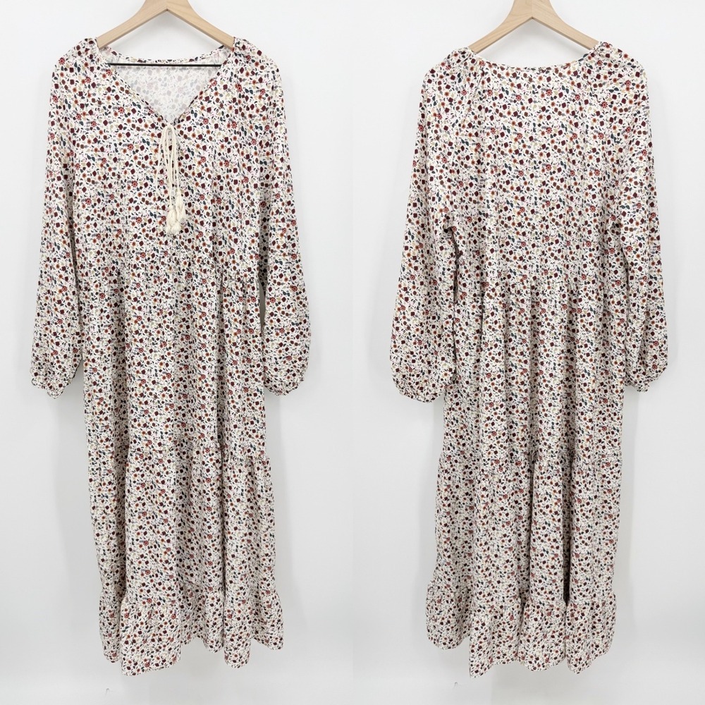 Floral Boho Maxi Dress XL Long Sleeve Tiered Tassel Tie Cottagecore Whimsical